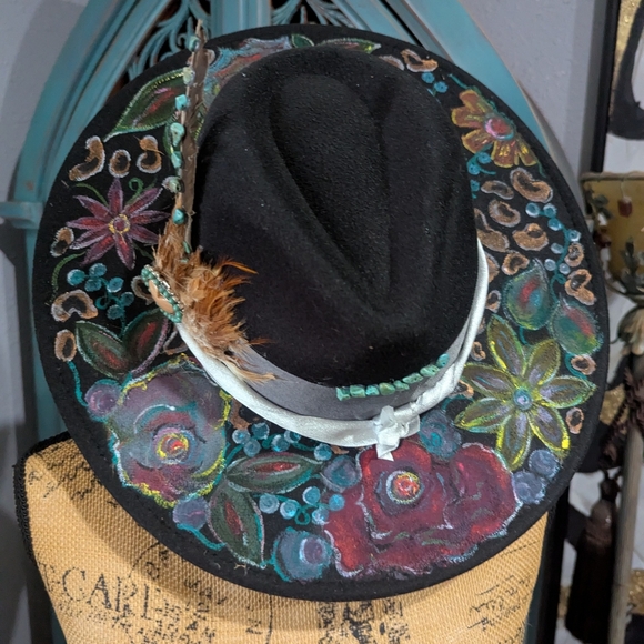 Fedora Womens Floral Black Hat with Feather Accent Beautiful Hand Painted